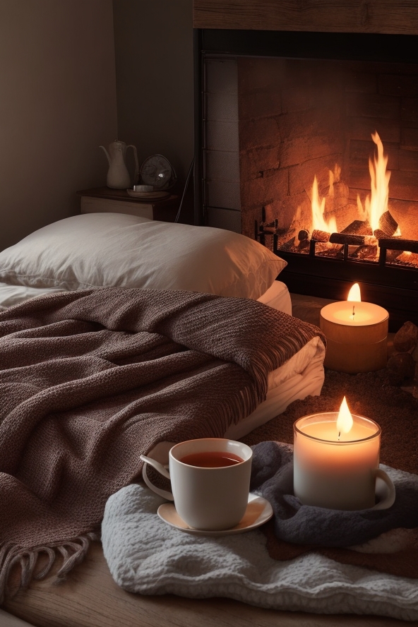relaxing night bedroom with fireplace and cozy envierment