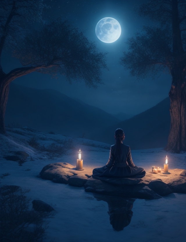 a girl alone at the night in the forest observing the moon energy